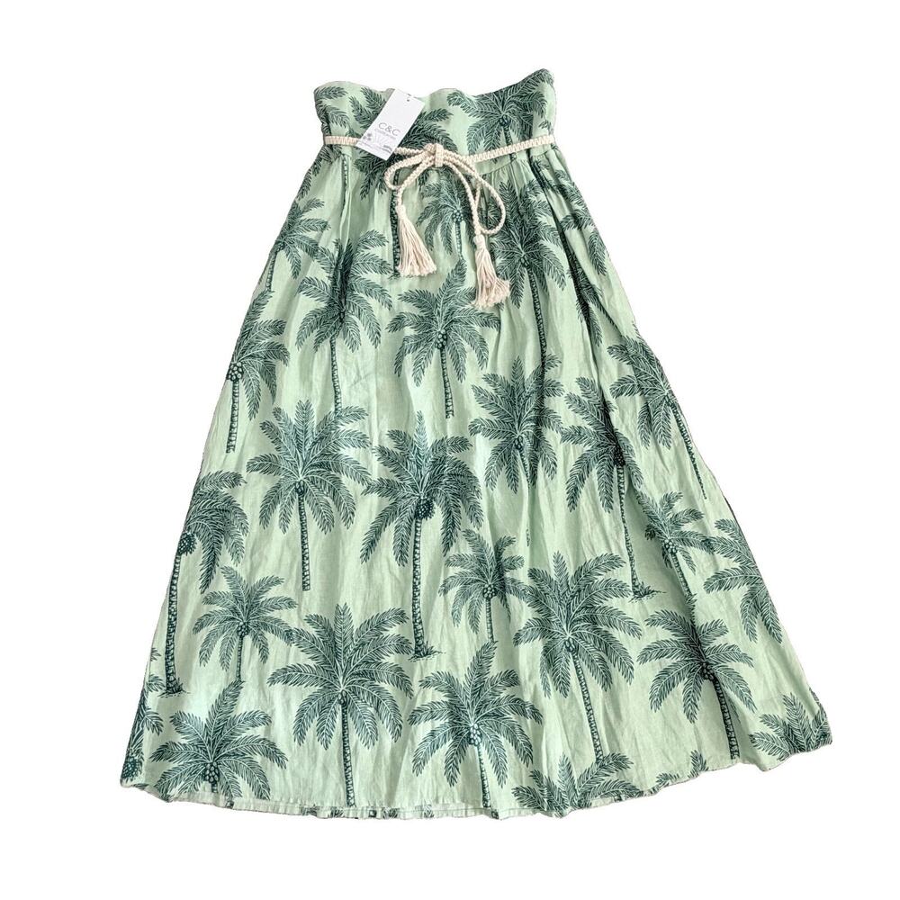 New C&C California Linen Blend Rayon Palm Tree Green Rope Belt Skirt L NWT